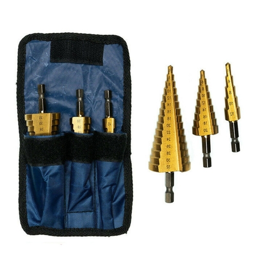 Directly2U 3 Piece Step Drill Set, Titanium HSS Drill Bits Hex for Steel, Brass, Plastic, Wood, Durable and High-Quality Drill Bit Set with Storage