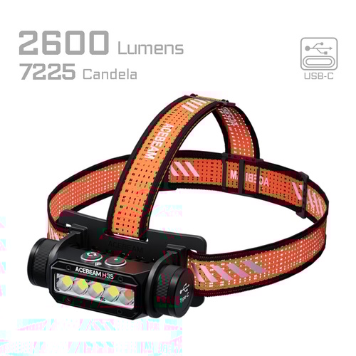 ACEBEAM H35 5-Core Dual-light Source Industrial Headlamp - USB-C Rechargeable 18650 Battery, 2600 Lumens, IP68 Waterproof Heavy-Duty Head Torch, Black