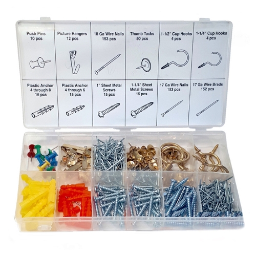 Directly2U Home Hardware Assortment-600 Pieces- Various Sizes- Stainless Steel Kit- Anchors, Hangers, Metal Screw, Plastic Anchor, Push Pins